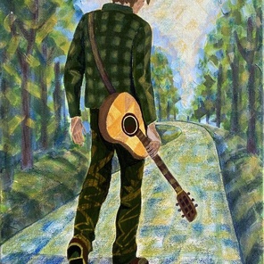The Path of a Lonely Guitarist – Figurative Music Art, Acrylic, Pastel on Canvas